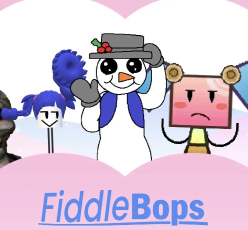 FiddleBops game cover featuring a snowman, a pink square character, and the logo