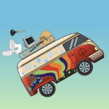 A vibrant hippie-style van from Adventure Drivers, loaded with random objects, showcasing the game’s fun and adventurous vibe