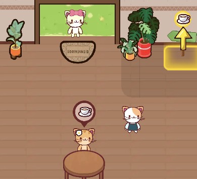 Cat Cafe Manager is an engaging management game where you run your own cafe. You're a kitty, and there's a lot of work ahead, but you'll definitely enjoy it. You've just opened your first cafe, starting with just one table. You have enough money for this single table, so focus on that for now. Serve guests, bring them coffee, wipe down tables, and earn money. Once you accumulate a certain amount of money, there are several ways to spend it. First, you can improve your character's skills so they can make two coffees at once. Secondly, you might want to dress up, perhaps buy a cap, and thirdly, upgrade and expand your cafe. Get comfortable because this game is quite captivating and similar in gameplay to Monkey Mart.