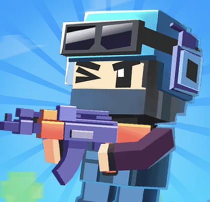 A blocky character from Pixel Shooter holding a colorful rifle, wearing a helmet and goggles, set against a bright blue background with a cartoonish style