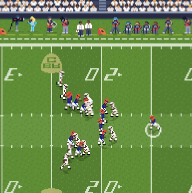 A scene from Retro Bowl College with pixel-art players on a football field, the quarterback ready to pass