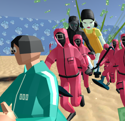 Squid Shooter throws you into a chaotic battleground where players face off against a relentless Squid army. Choose from 18 different weapons, each with unique strengths, to defend yourself against waves of attackers. The game’s environment is fraught with dangers, from grenades disguised as cash to oversized killer dolls. Your objective is to take down every enemy that crosses your path, ensuring your survival.