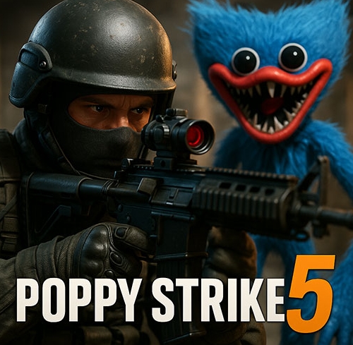 Poppy Strike 5 is a first‑person shooter with horror elements that places you in a haunted toy factory. Your mission is to eliminate Huggy Wuggy and Kissy Missy while navigating the unsettling liminal spaces. The building is filled with dark corridors, hidden rooms, and lurking enemies that will attack without warning.