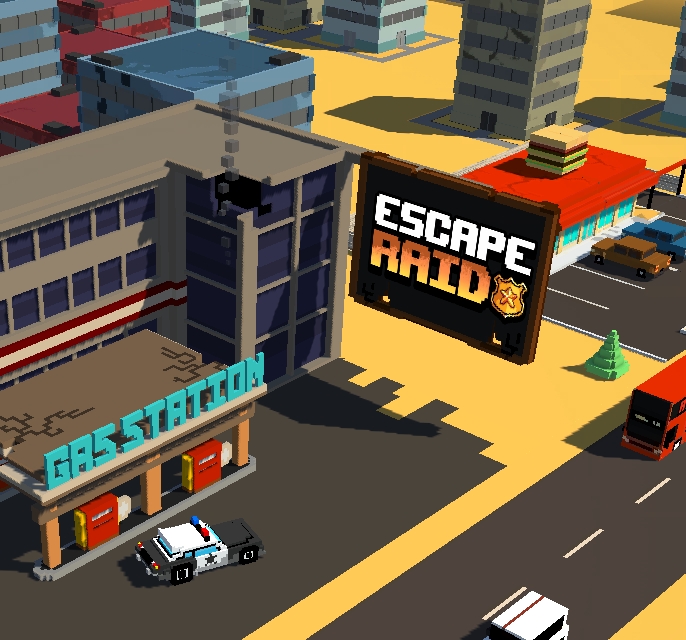 Escape Raid is a driving survival game where the main objective is to keep moving through dangerous areas while avoiding enemies and obstacles. You play as a sheriff who must stay ahead of pursuers and survive as long as possible. The game combines fast driving, combat, and upgrades that keep each run different.