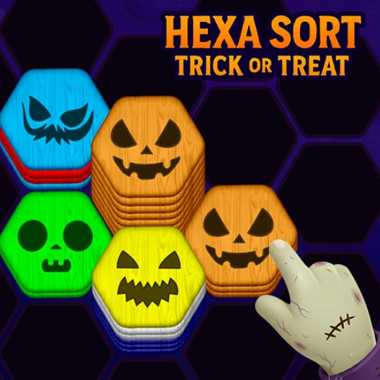 The game adds a festive twist — every stage looks like a Halloween scene with pumpkins, ghosts, and glowing colors.
